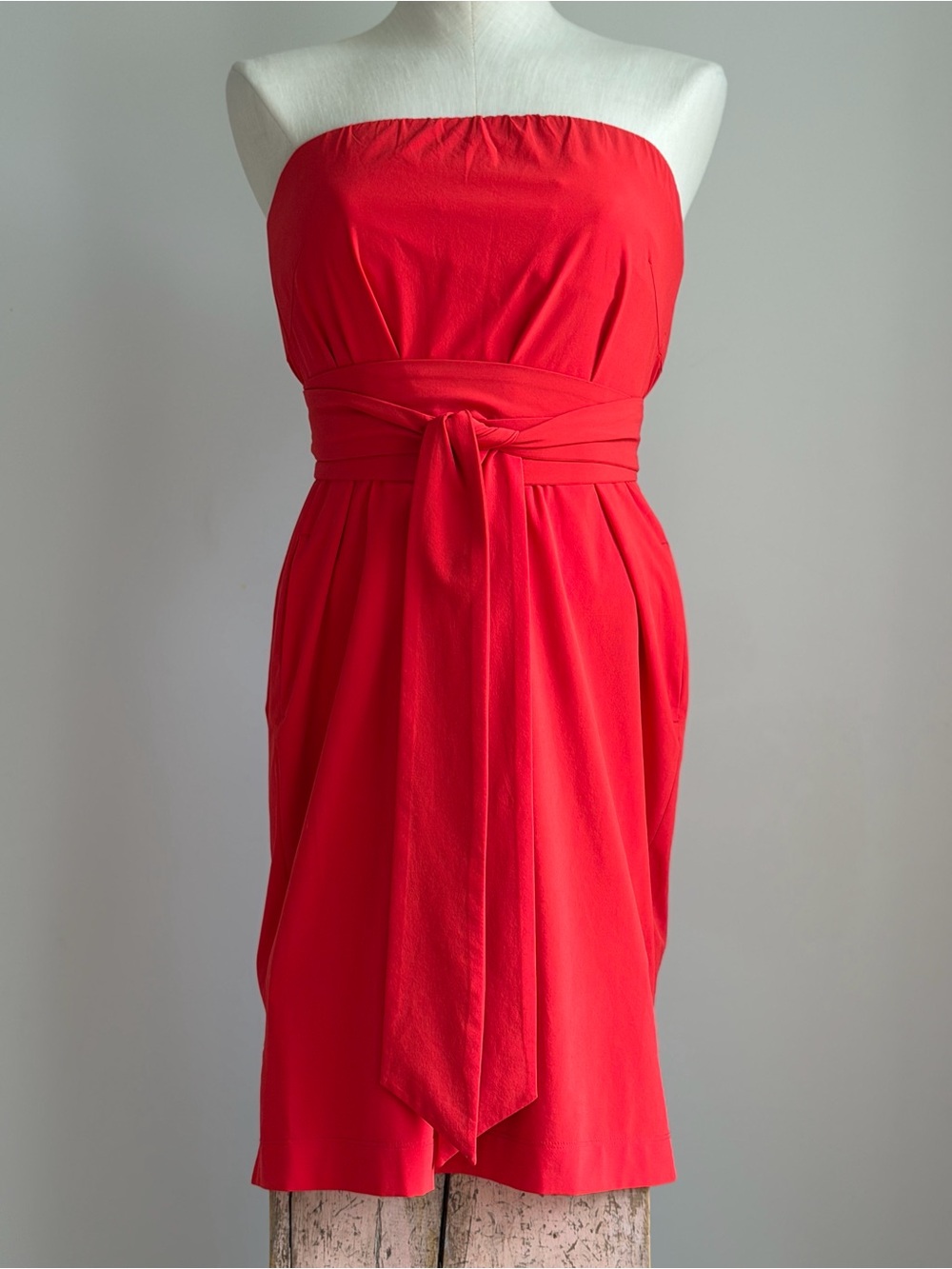 Athleta Strapless Coral-Red Tie-Waist Dress